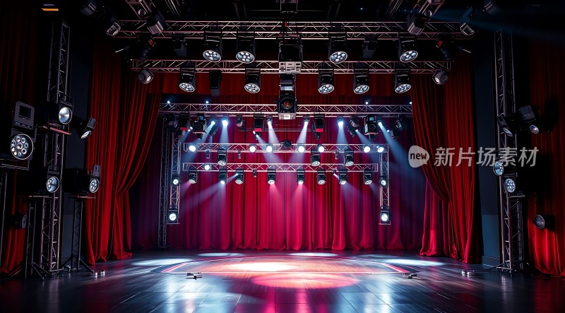 舞台灯光璀璨红幕布映衬下的表演场地