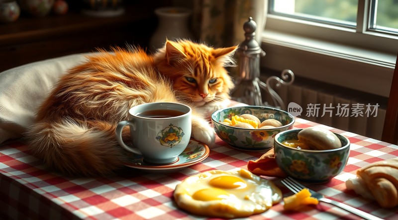 阳光下的橘猫与早餐