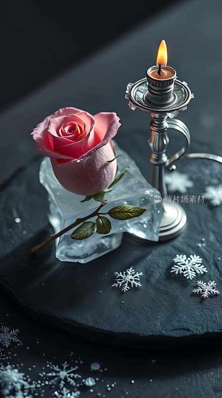 冰封玫瑰与烛光