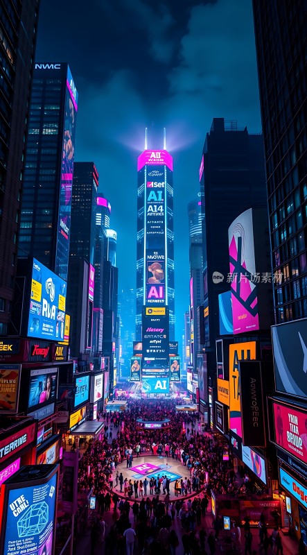 繁华都市夜景霓虹闪烁人群熙攘高楼林立