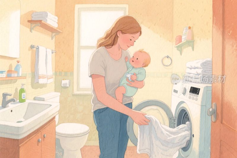 妈妈抱婴儿洗衣场景插画
