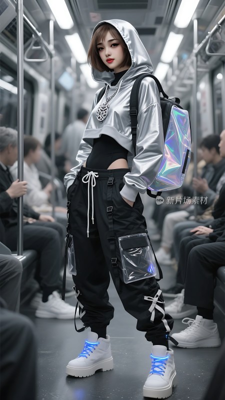 银色外套黑色裤子时尚女孩地铁穿搭