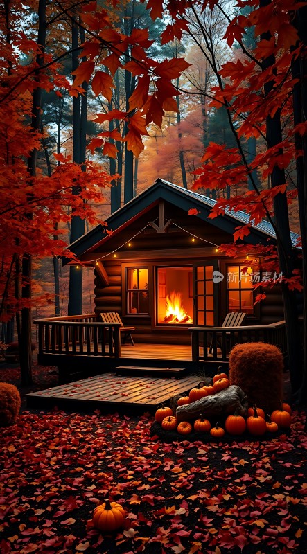 秋日小木屋温馨夜色
