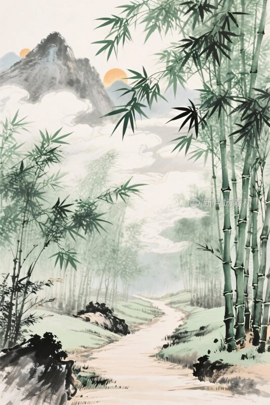 水墨竹林山水国画