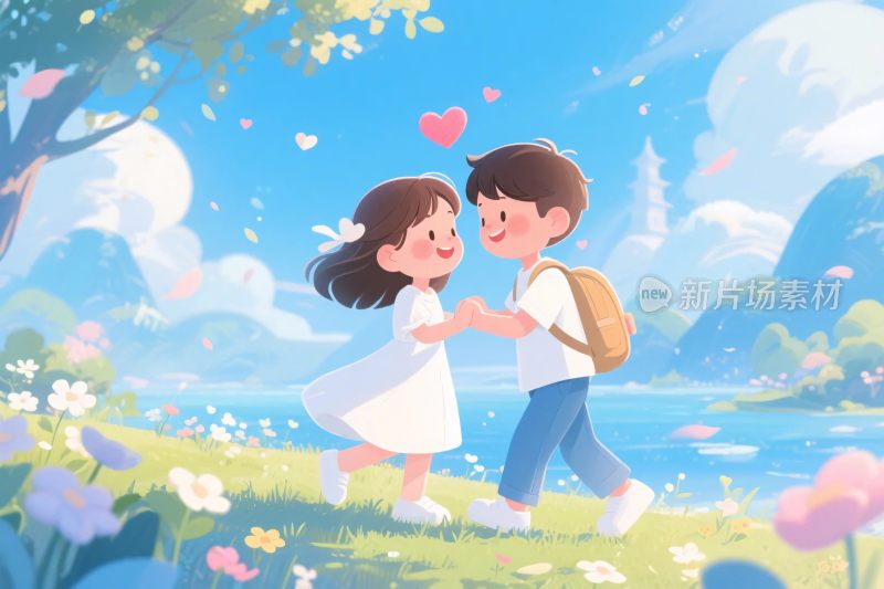 卡通孩童牵手草地插画