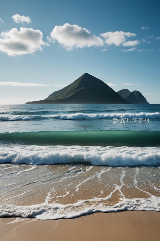 海滩上一股小浪涌入一座高山清图片