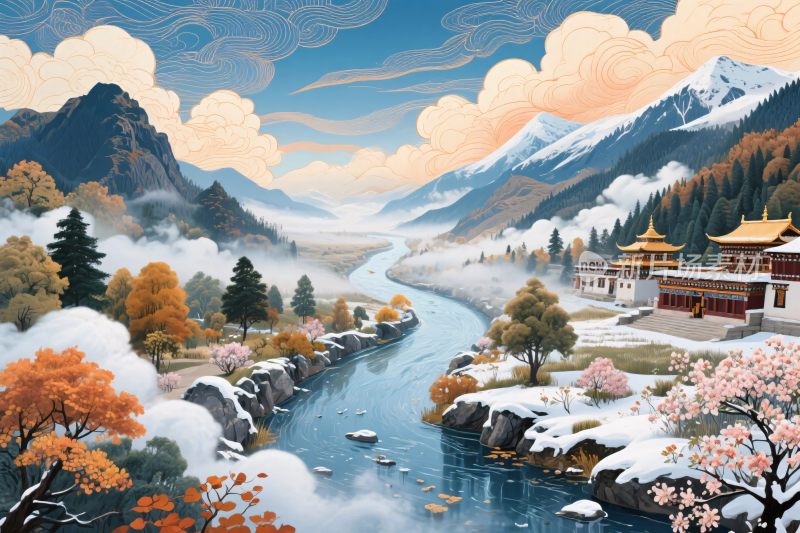 山水古风风景插画