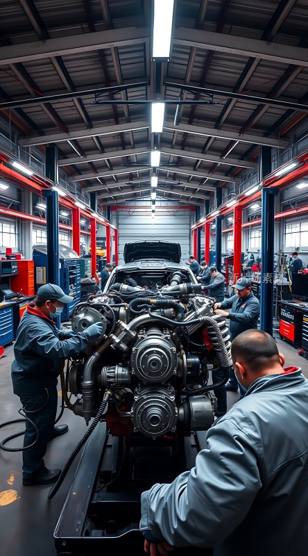 维修车间里的汽车发动机检修现场