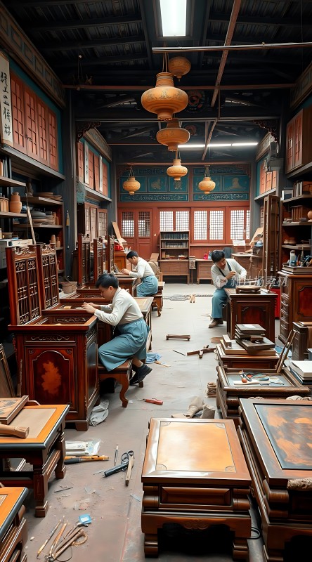 传统木工坊里的匠人专注工作