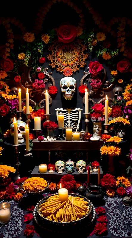 亡灵节祭坛骷髅与鲜花共舞