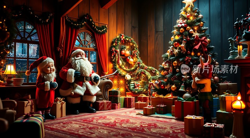 圣诞老人与精灵温馨聚会礼物满屋圣诞树璀璨夺目