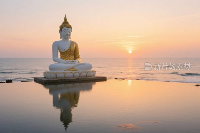 海边佛像日落倒影