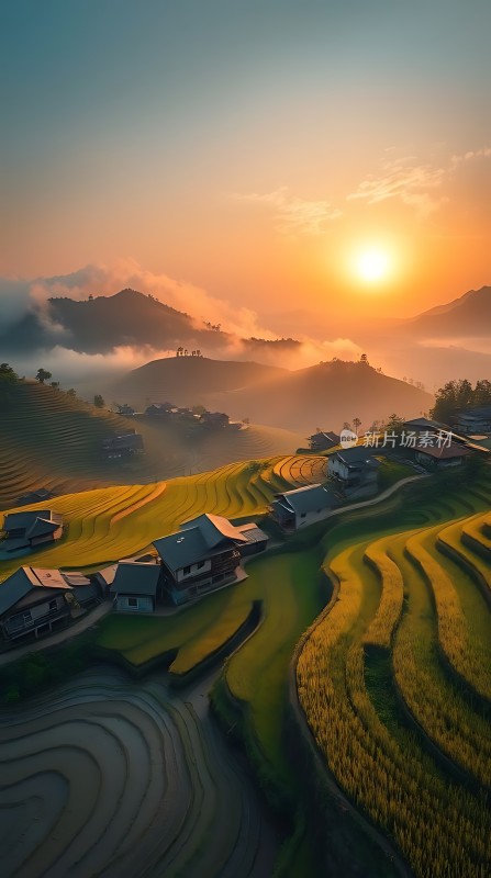 梯田晨曦阳光洒落宁静乡村美景
