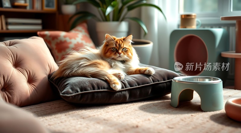 阳光下的橘猫慵懒趴在软垫上