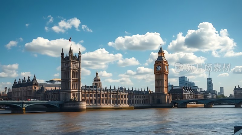 泰晤士河畔伦敦眼与国会大厦