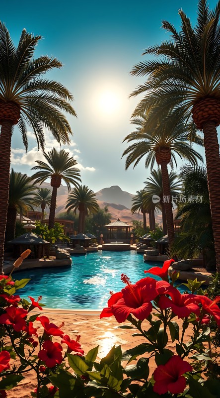 阳光下的热带风情泳池