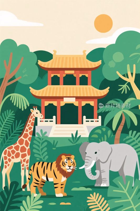 森林中的古建筑与动物