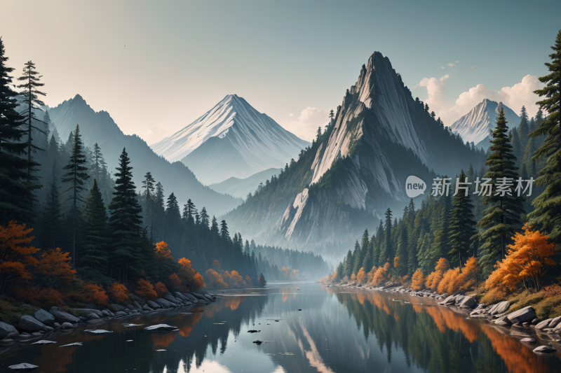 山和树倒映一条静止的河流中风景插画图片