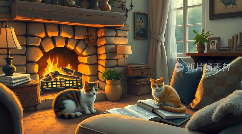 温馨壁炉旁的猫咪时光