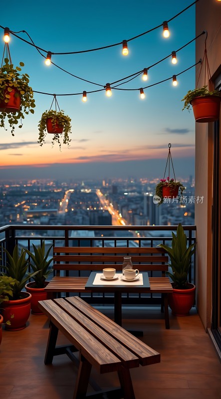 城市夜景下的温馨阳台咖啡时光