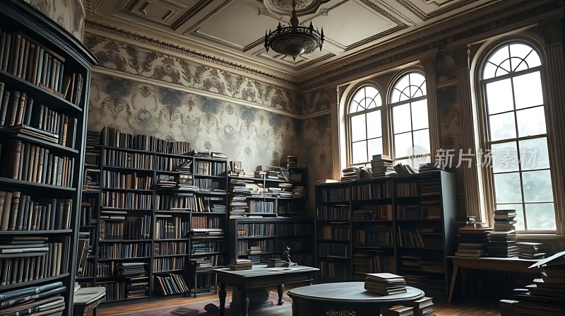 古旧书架与精美吊灯