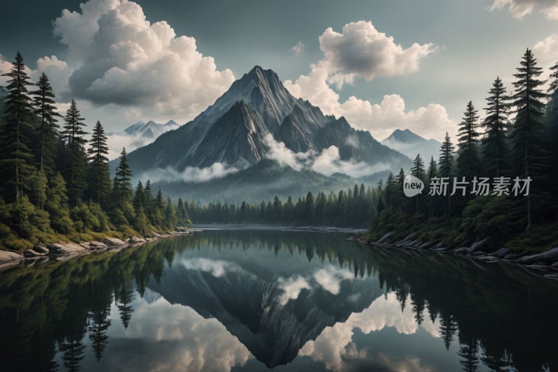 一座山倒映在水中高清风景插画图片