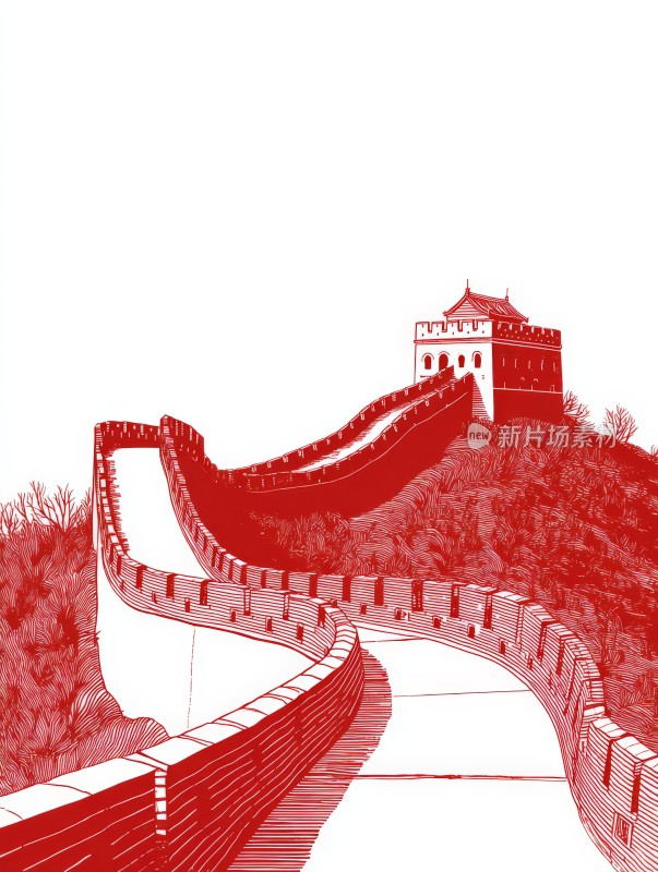 红色线条勾勒的长城