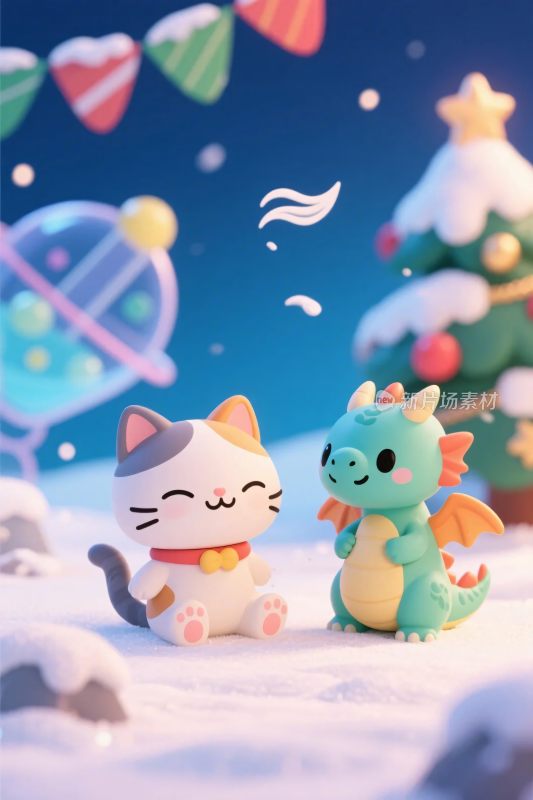 卡通小猫小恐龙雪景插画
