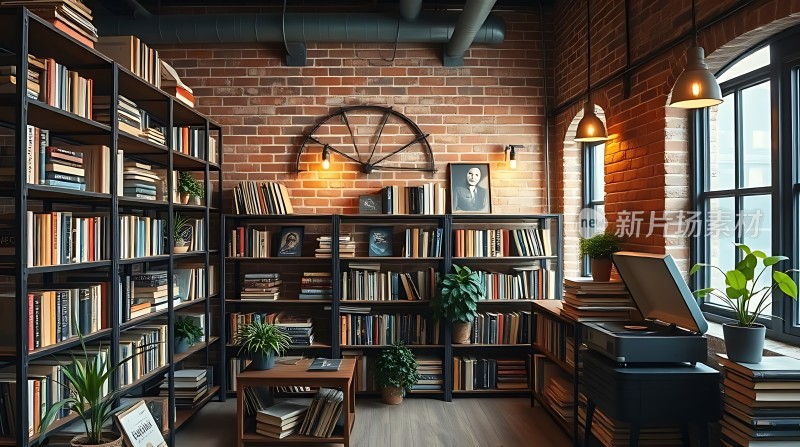 砖墙书架绿植环绕营造温馨阅读空间