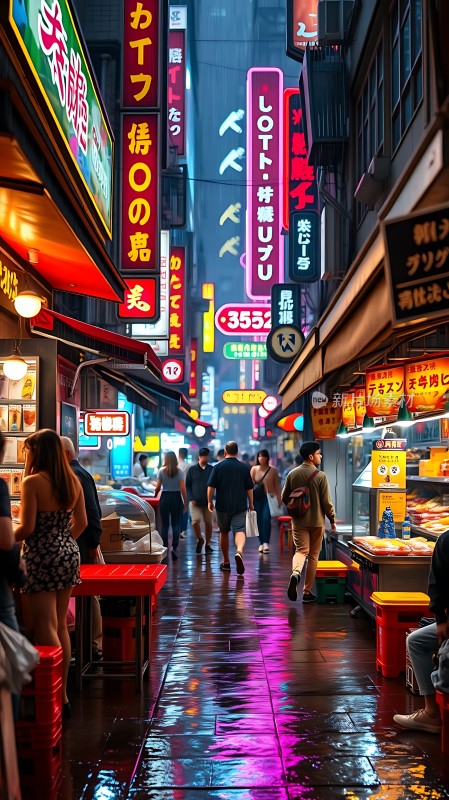 霓虹灯下的繁华夜市