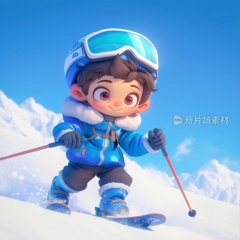 冬季雪地滑雪的男孩女孩3D卡通人物插画