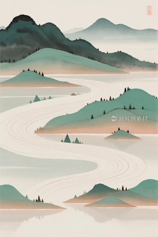 山水水墨风景插画