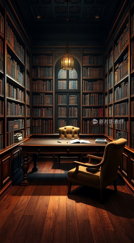 书房一角书架、桌椅与灯光营造静谧氛围