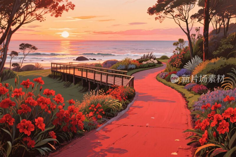 海边步道风景插画
