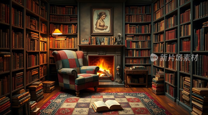 书架环绕的书房壁炉旁的舒适座椅和地毯上的开放书籍