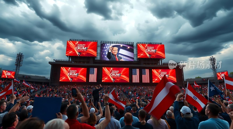 竞选集会现场观众挥舞旗帜气氛热烈