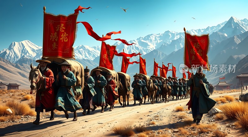 丝路驼队行进中