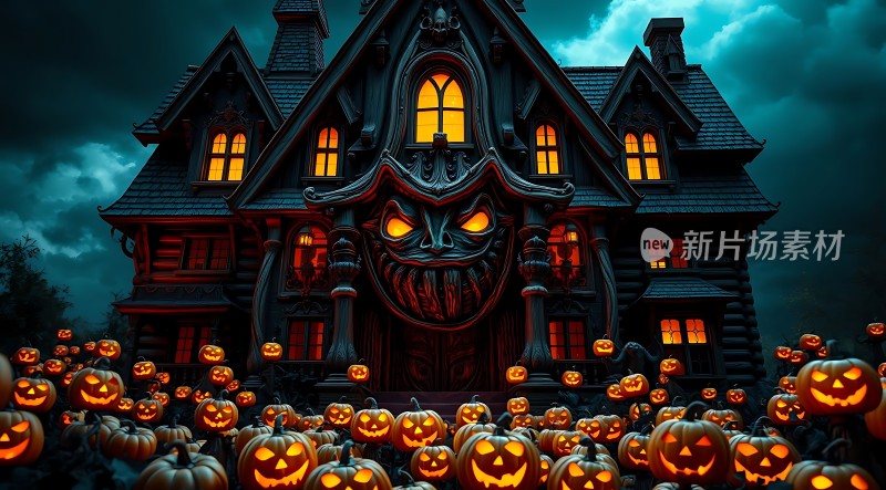 万圣节之夜南瓜灯与鬼屋