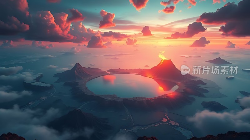 日落火山湖奇景