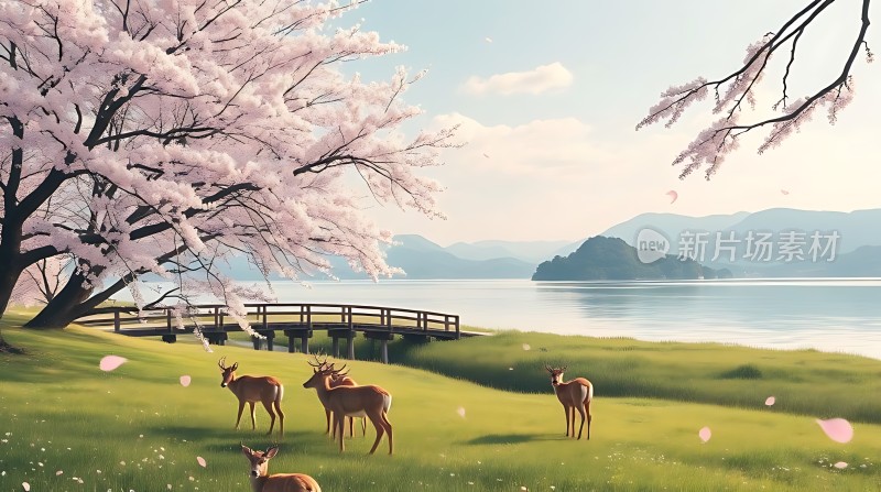 湖畔樱树下的鹿群
