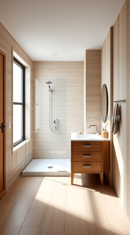 阳光洒满现代浴室木质装饰与简约设计相得益彰