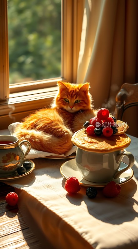 阳光下的橘猫与早餐时光