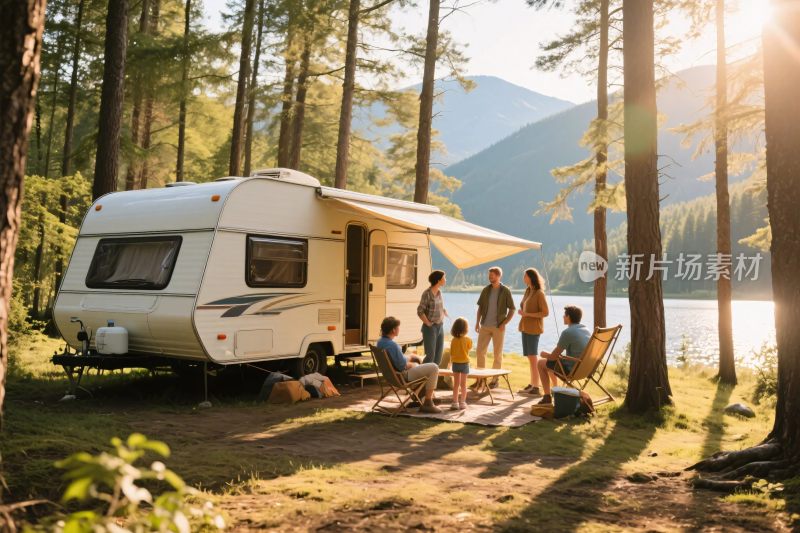 森林湖畔的家庭房车露营时光