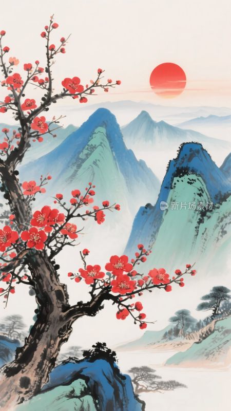 红梅映日山水国画景象