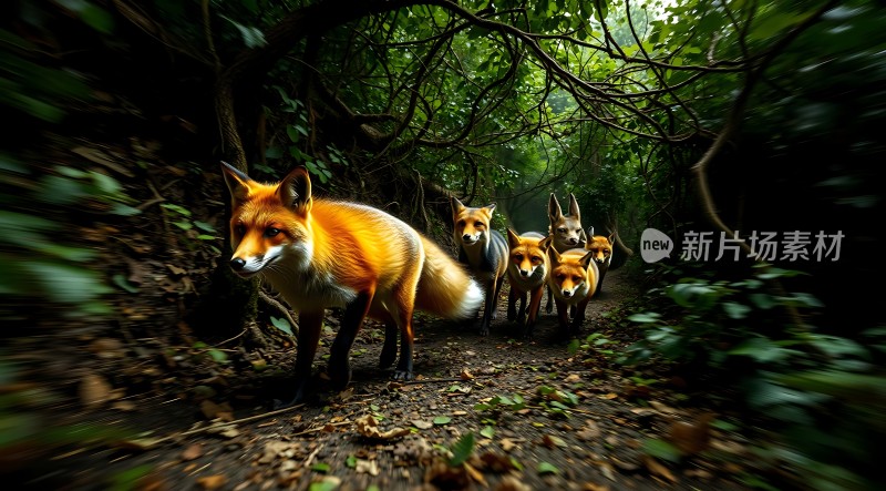森林小径上的狐狸家族