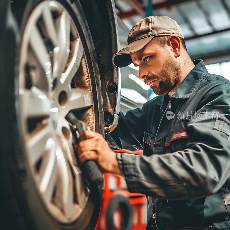 修车师傅专注检查车轮状况
