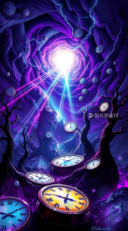 紫色时空隧道中的时钟之旅