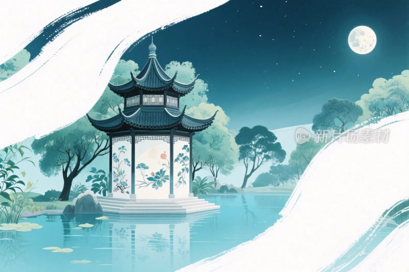 中式古亭夜景插画