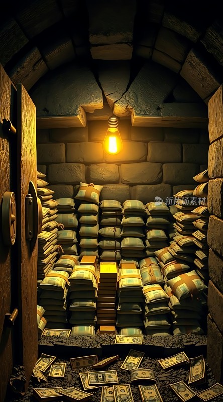 黄金与美元纸币堆满石墙密室一盏灯照亮财富宝库
