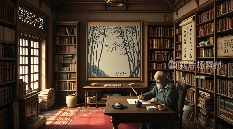 书房里的学者与竹影